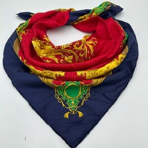 Vintage CELINE Vibrant Red and Blue Scarf with Gold and Green Details 100% Silk
